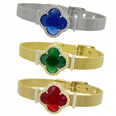 Bracciale Colorato Quadrifoglio con Cinturino in Acciaio Inossidabile e Intarsi in Zircone