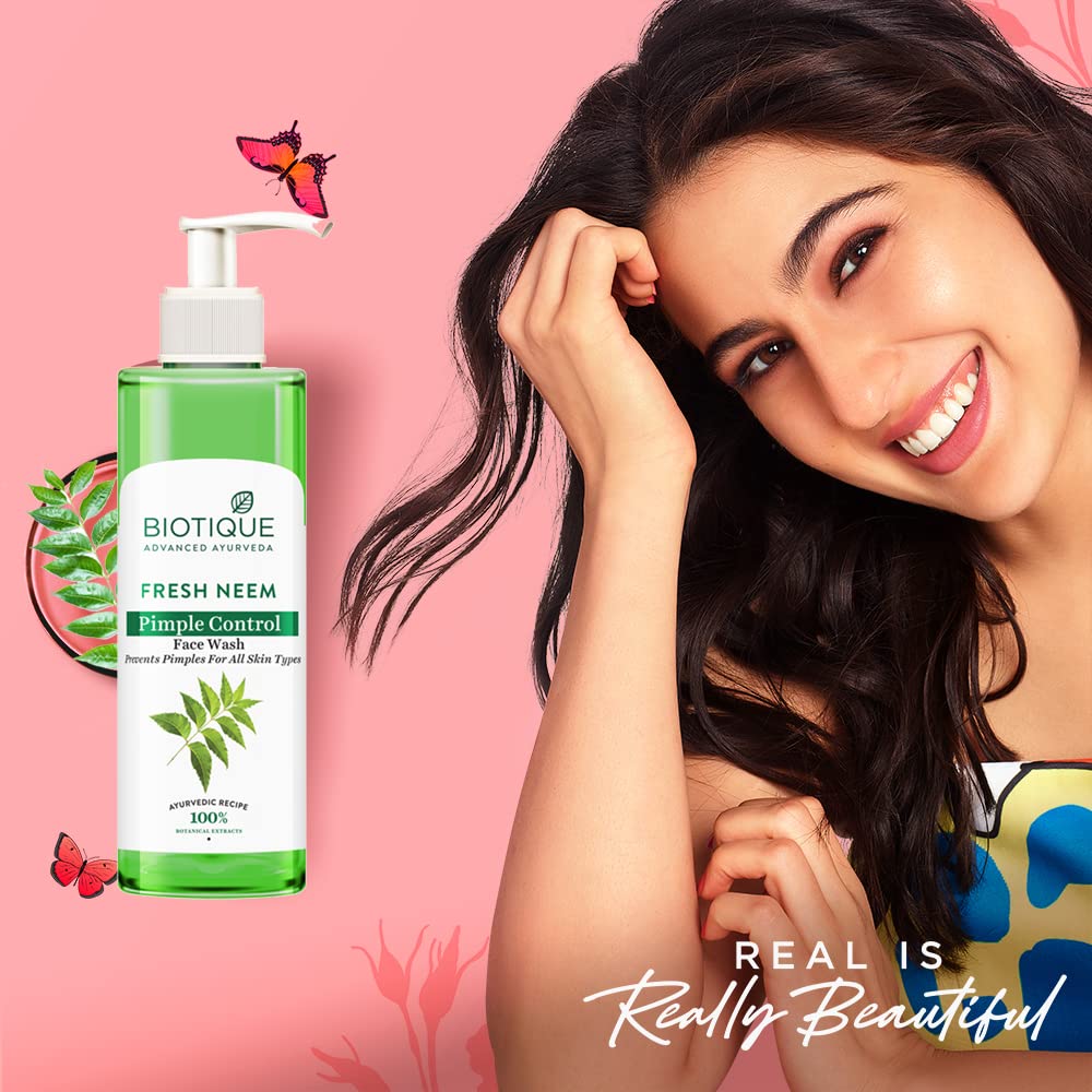 Biotique Gel Nettoyant Visage Contrôle Boutons Neem Frais 200ml | Nettoyant Ayurvédique Anti-Acné | Extraits 100% Botaniques | Pour Tous les Types de Peau