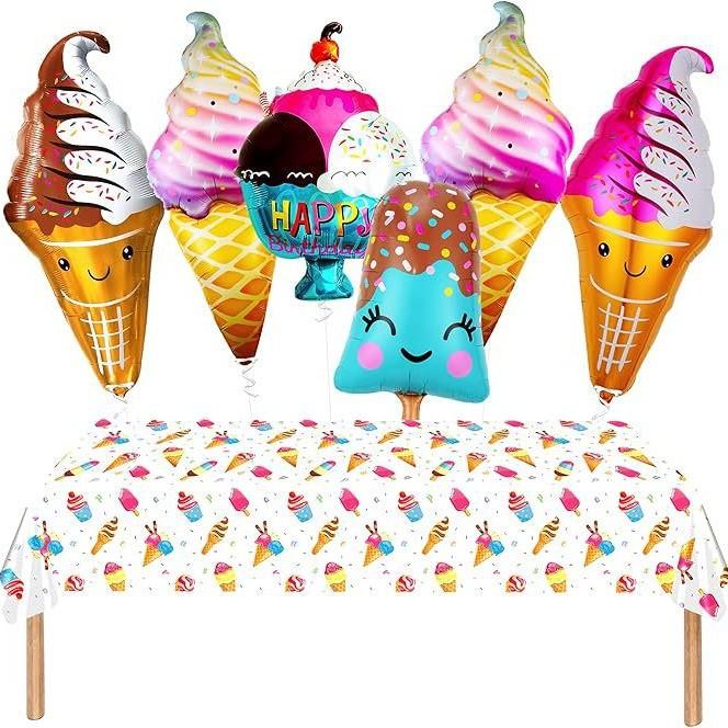 

Summer Set, Ice Cream Cone, Aluminum Film Balloon Set, Summer Ice Cream Tablecloth Decoration Set 6 aluminum films plus a tablecloth.