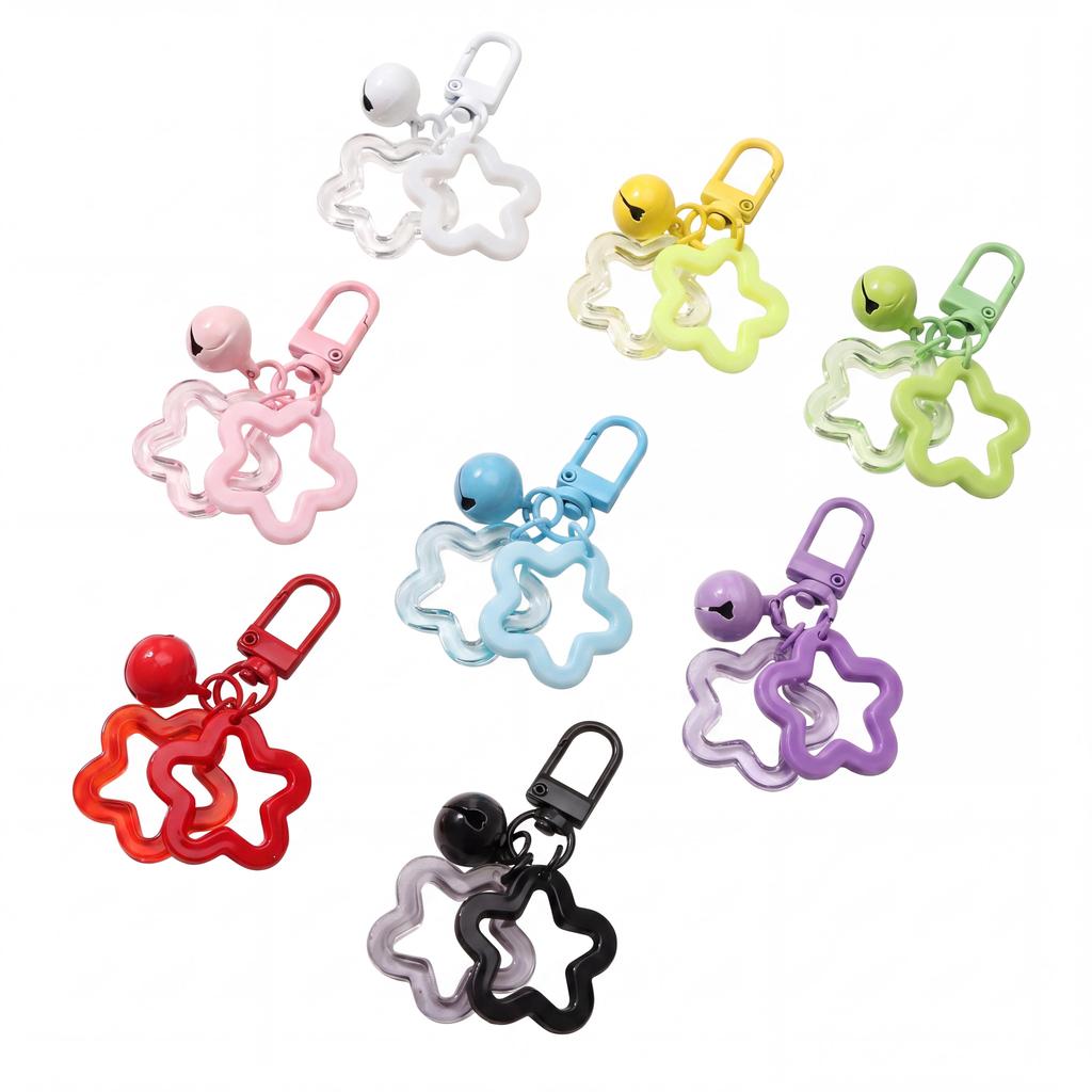 6.5cm Alloy Colored Hollow Out Dual Five Pointed Star Bell Keychain