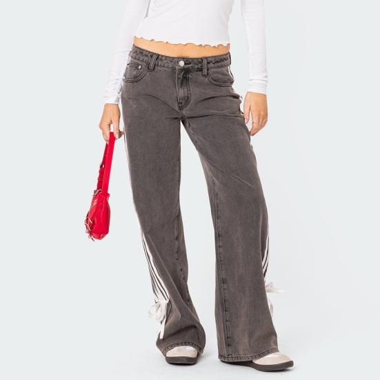 Women's Side Striped Bow Tie Jeans Boyfriend Low Rise Baggy Denim Pants Casual Straight Wide