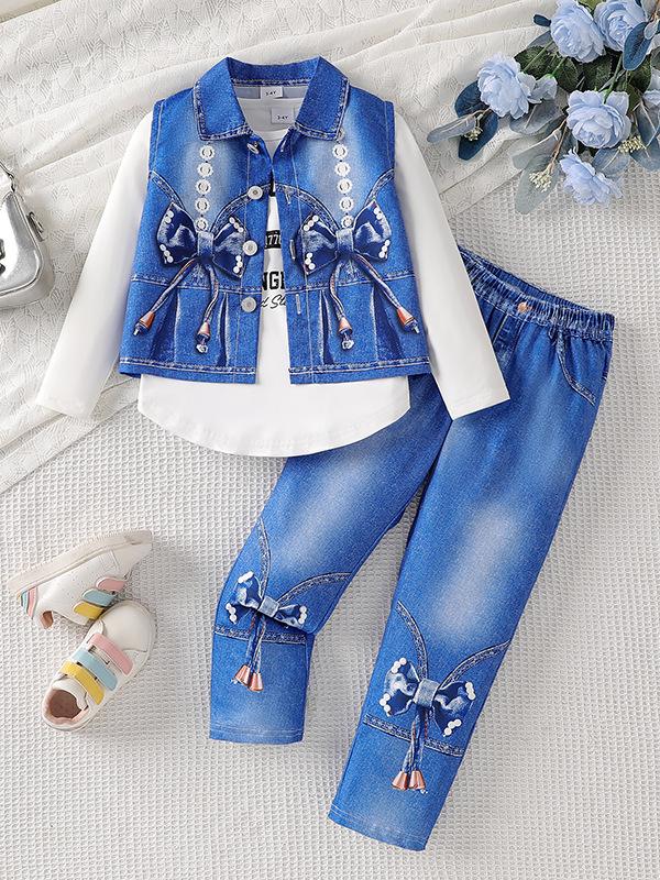 Stilingas mergaičių trijų dalių džinsinis komplektas: 2025 m. Pavasario ir Rudens Kolekcija su Pagrindiniais Marškiniais ir Liemene