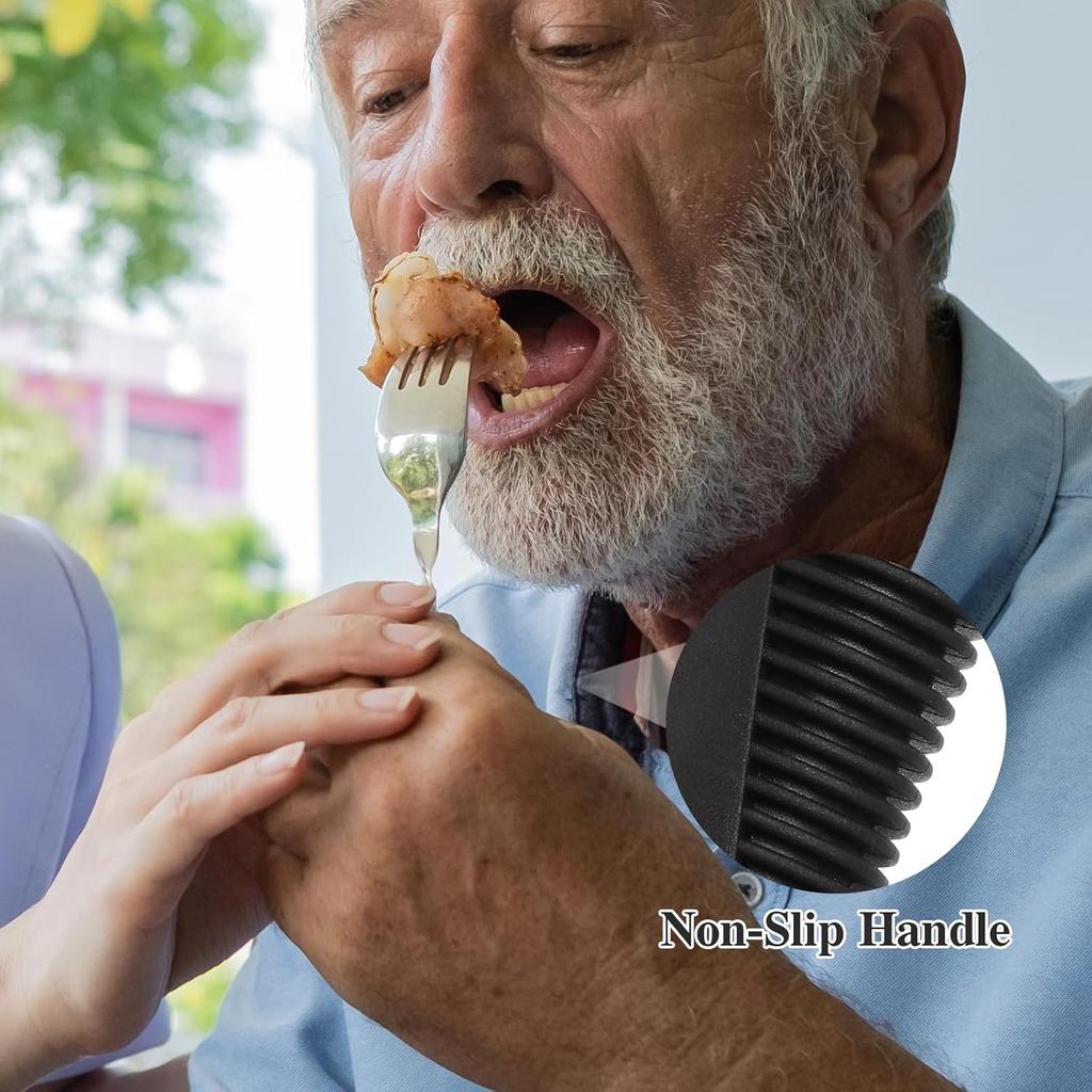 Adaptive Utensils 3pcs Curved Spoon Fork with Non- Handles Stainless Steel Eating Silverware for Hand Tremors Elderly