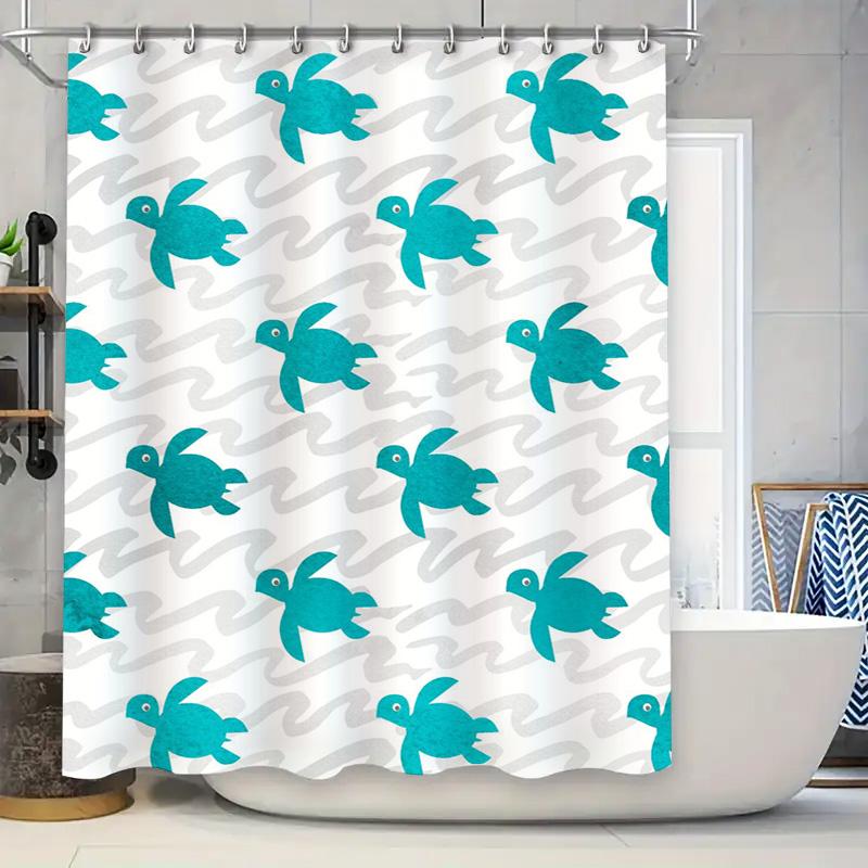 

Blue Sea Turtle Bath Shower Curtain White Background Waterproof Bathroom Decorations Plastic Rod Pocket Hook Set Modern Home Dec W60H190(CM)-1 Pcs
