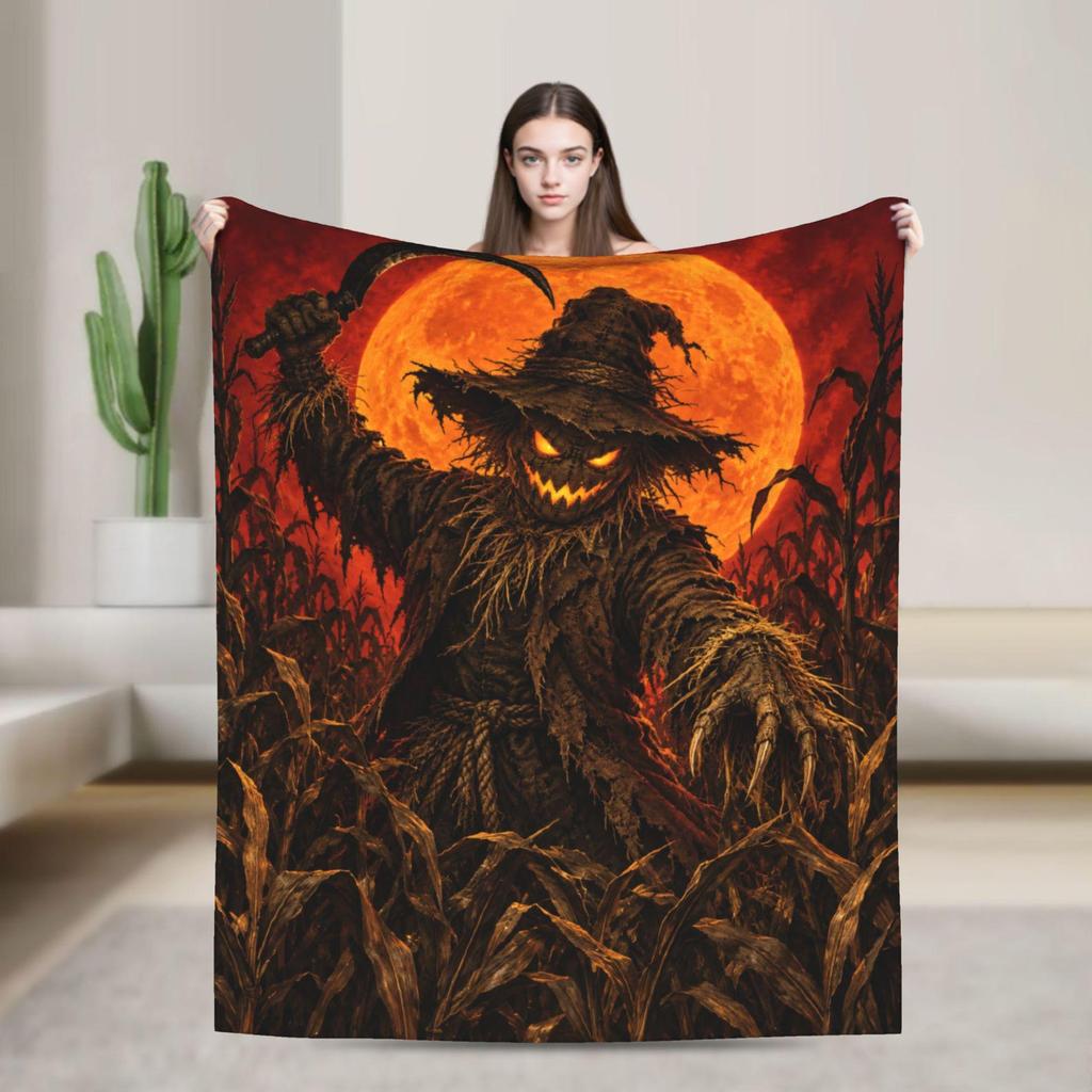 Spooky Scarecrow Flannel Blanket, Scary Halloween Cornfield Throw Blanket, Creepy Blood Moon Room Decor, Horror Fan Birthday Gift
