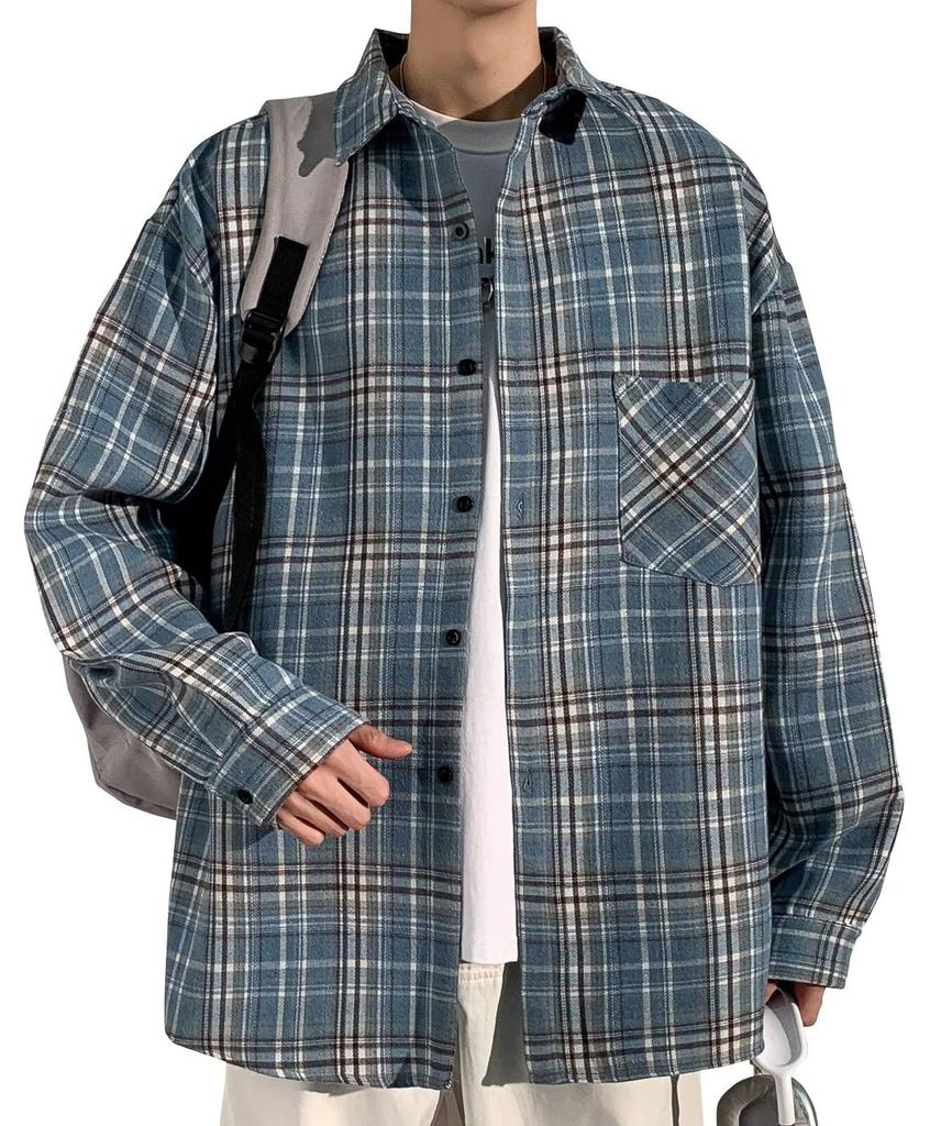 Bligo Loose Fit Plus Spring Korean Check Stylish Street Perfect for Office or Any Men's Shirt, Sizes, Pattern, Casual, Top, Style, Thick, Casual,