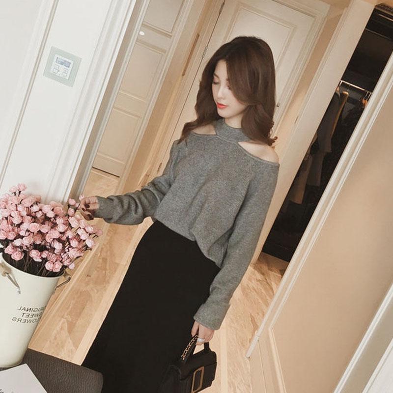 Sexy Hanging Neck Pullover Sweater Solid Color Casual Off shoulder Sweater Autumn Winter Korean Knitwear Long-sleeve Knitted Sweater Jacket Outer Wear