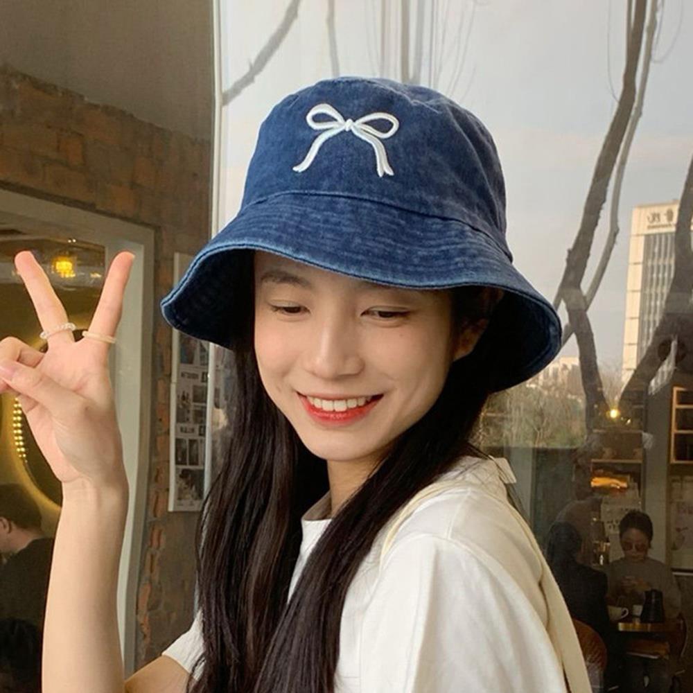 Summer Embroidery Bow Washed Denim Bucket Hat For Women Panama Hats Outdoor Fisherman Hat Beachside Sunscreen Visor Cap