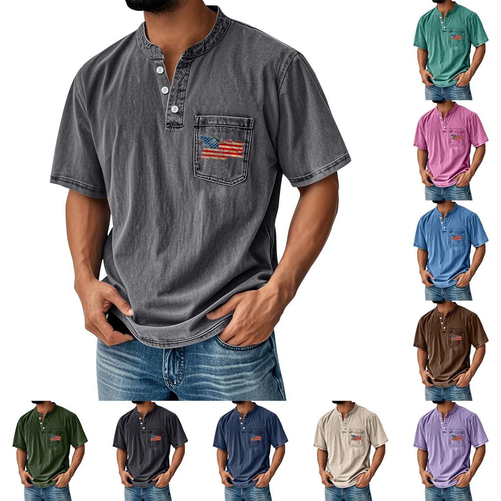 Men's Summer Independence Day Pattern Round Neck Short Sleeve T-Shirt Neck Men's All-match Casual Button Shirt