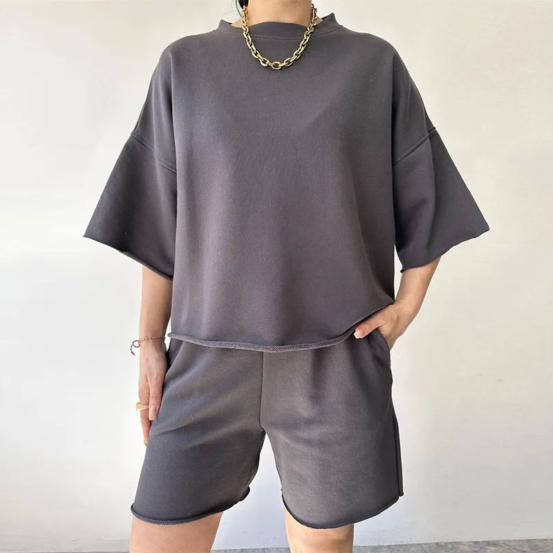 

round Neck Short Sleeve Loose Shorts Suit gray M