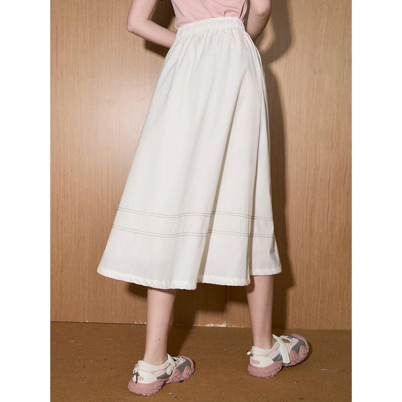 Coolhut2025 Summer Layered Elastic Waist Mid-Length Solid Color A-Line White Skirt Loose Casual