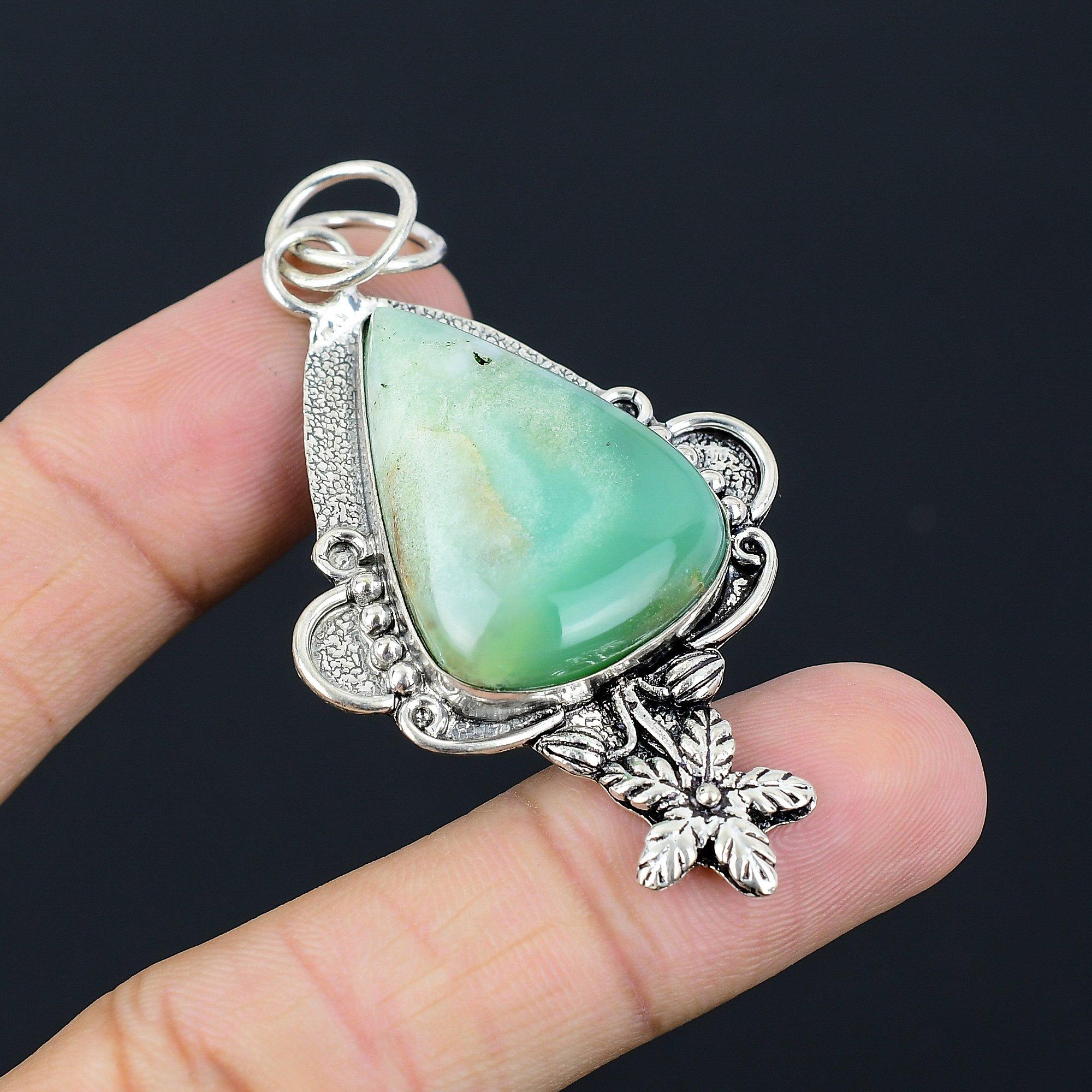 Friendship Day Deal 925 Silver Pear Chrysoprase Stone Sister Flower Boho Pendant