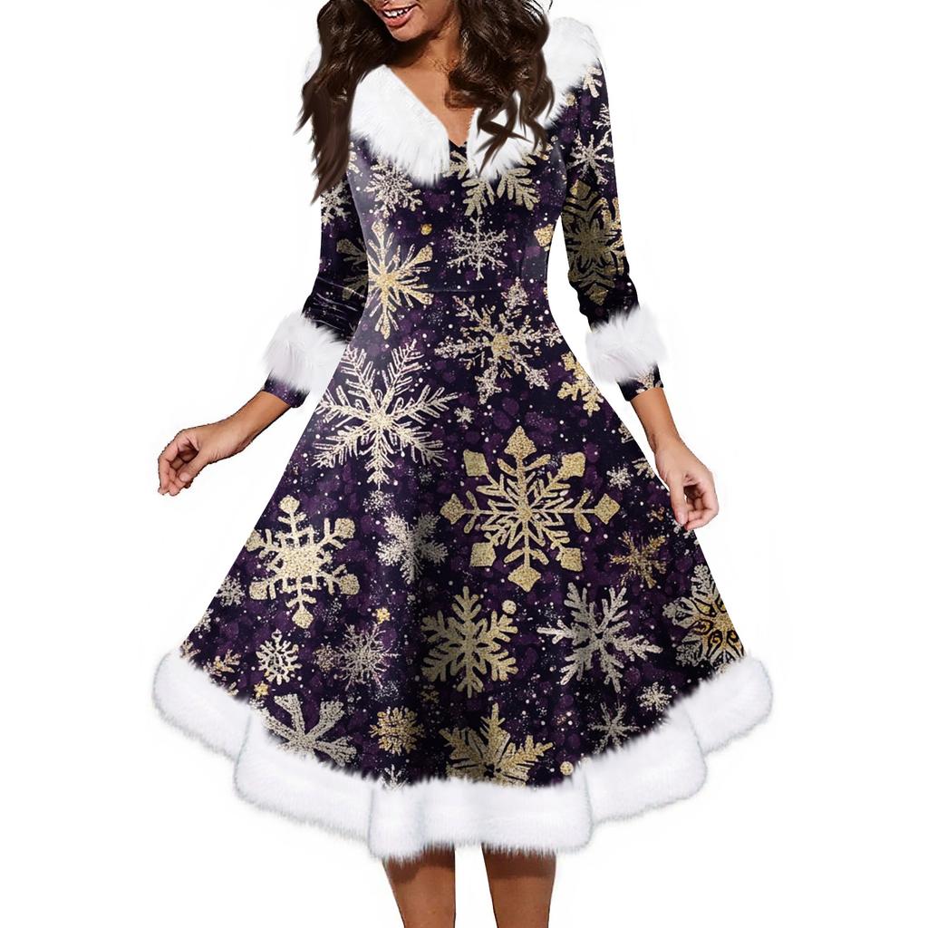 Women's Fashion V-neck Casual Fit Christmas Print Party Long Sleeve Dress