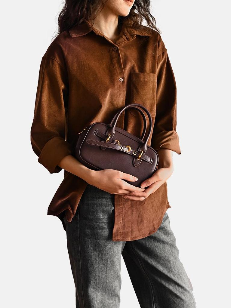 Exklusiv Retro Boston Bowling Handväska i Äkta Läder - Snygg Axelremsväska & Pendlarväska för Kvinnor