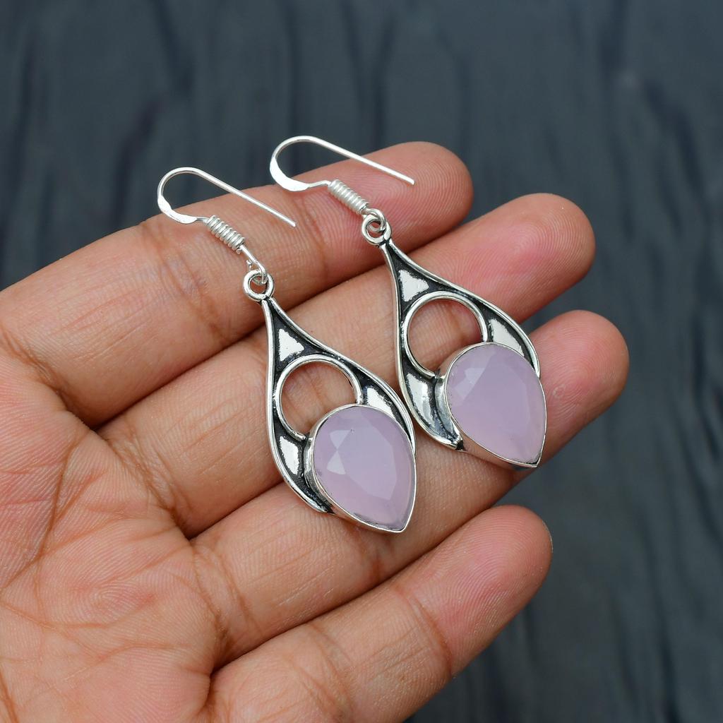 Rose Chalcedony Gemstone Handmade 925 Sterling Silver Jewelry Earring