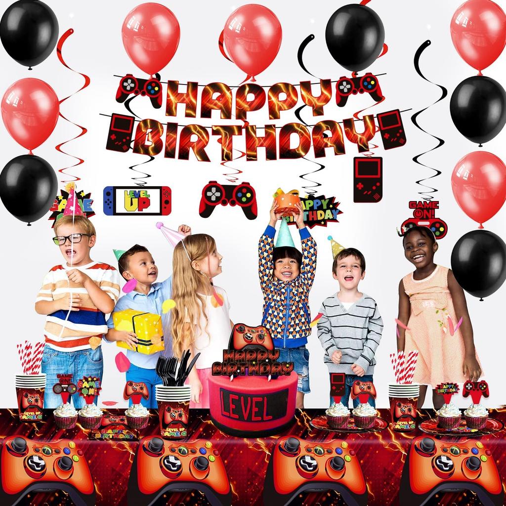 Mpanwen Red Video Game Party Supplies - 212Pcs Gamer Gaming Party Decoration For Boys Birthday Party - Table Cover, Plates, Cups, Napkins, Utensils,