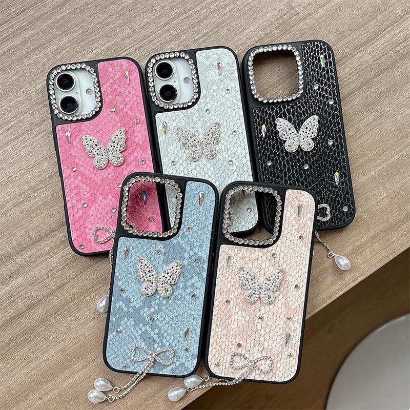 Silver Bead Butterfly Mobile Phone Case for Apple 17 Promax Rhinestone Tassel Pearl Pendant for IPhone 16 Plaid Leather