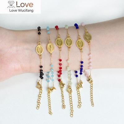 Luxusteel Crystal Beaded Jesus Cross Charm Bracelet Stainless Steel Extender Hand Chain For Women Pink /Blue Summer Beach Jewelry
