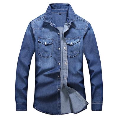 İlkbahar Sonbahar Erkek Uzun Kollu Kot Gömlekler Düz Renk Moda Pamuk Düğmeli Yaka Günlük Gömlek Erkek Vintage Jean Üstler Erkek
