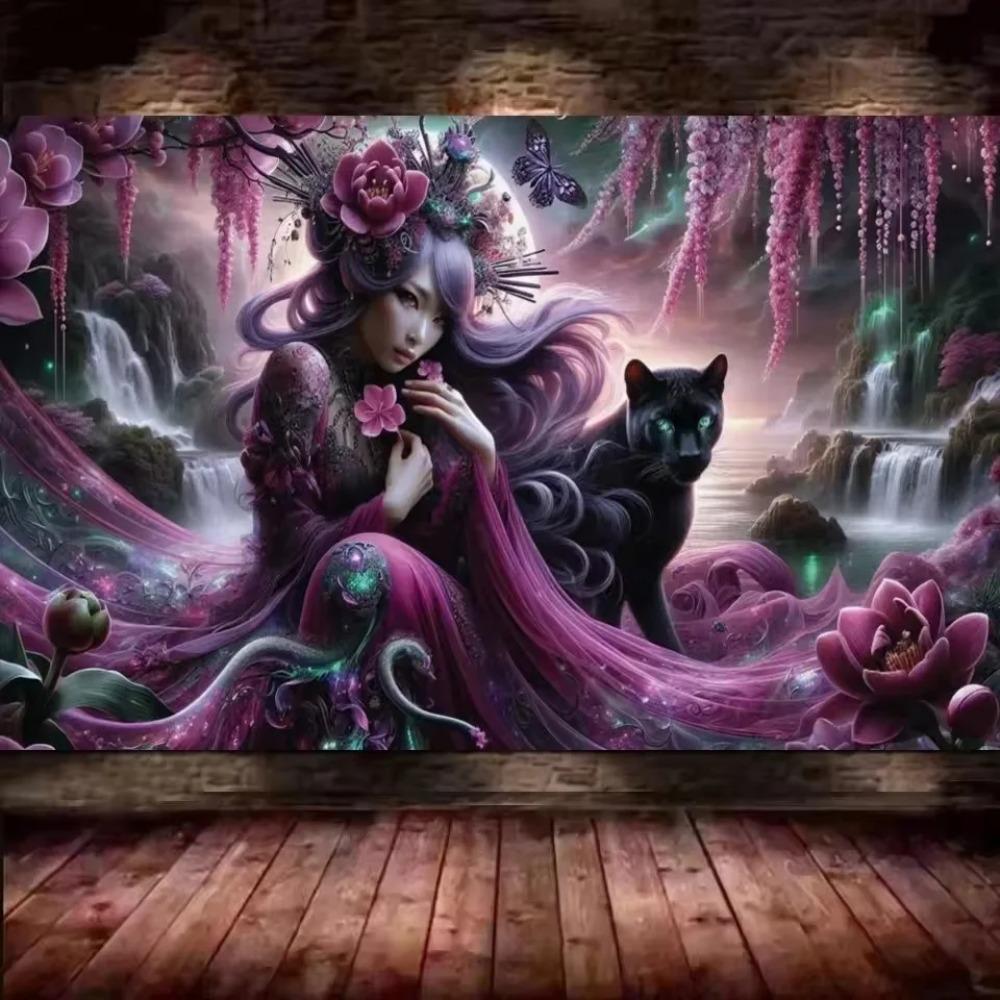 Purple Black Dragon Woman DIY Vibrant Colorful Orchid Flower 5D Full Diamond Painting Cross Stitch Kits Mosaic Embroidery
