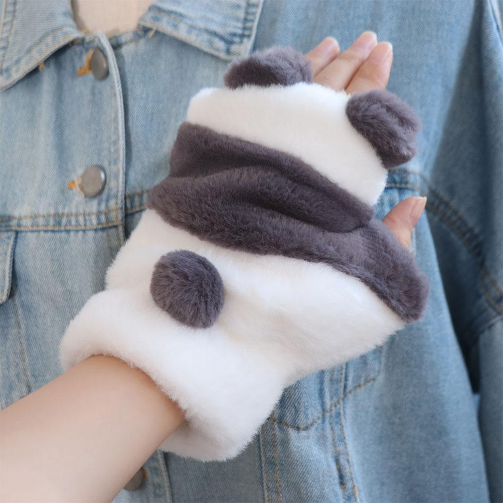 Fleece-lined Half Finger Gloves Winter Velvet Mittens Cute Panda Plush Gloves Outdoor