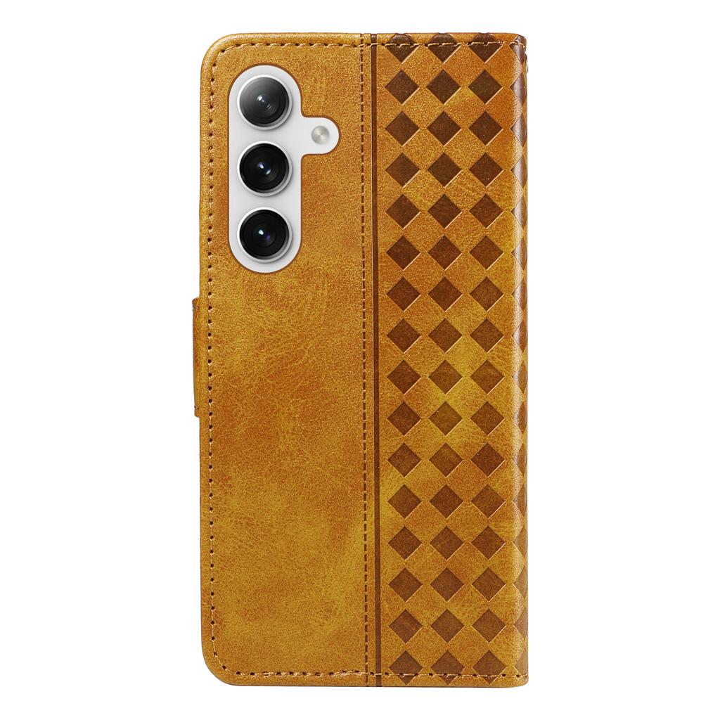 For Samsung Galaxy S24 FE Leather Case Wallet Stand Grids Imprinted Phone Cover with Strap