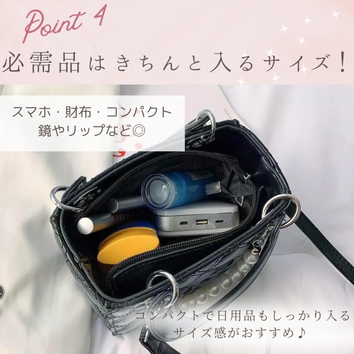 Quilted Shoulder Bag for Mini Shoulder Gothic Shoulder Bag [Harujio] Women, Bag, Handbag, 2-way, Small, Square, Black, White, Pearl, Mine-style,