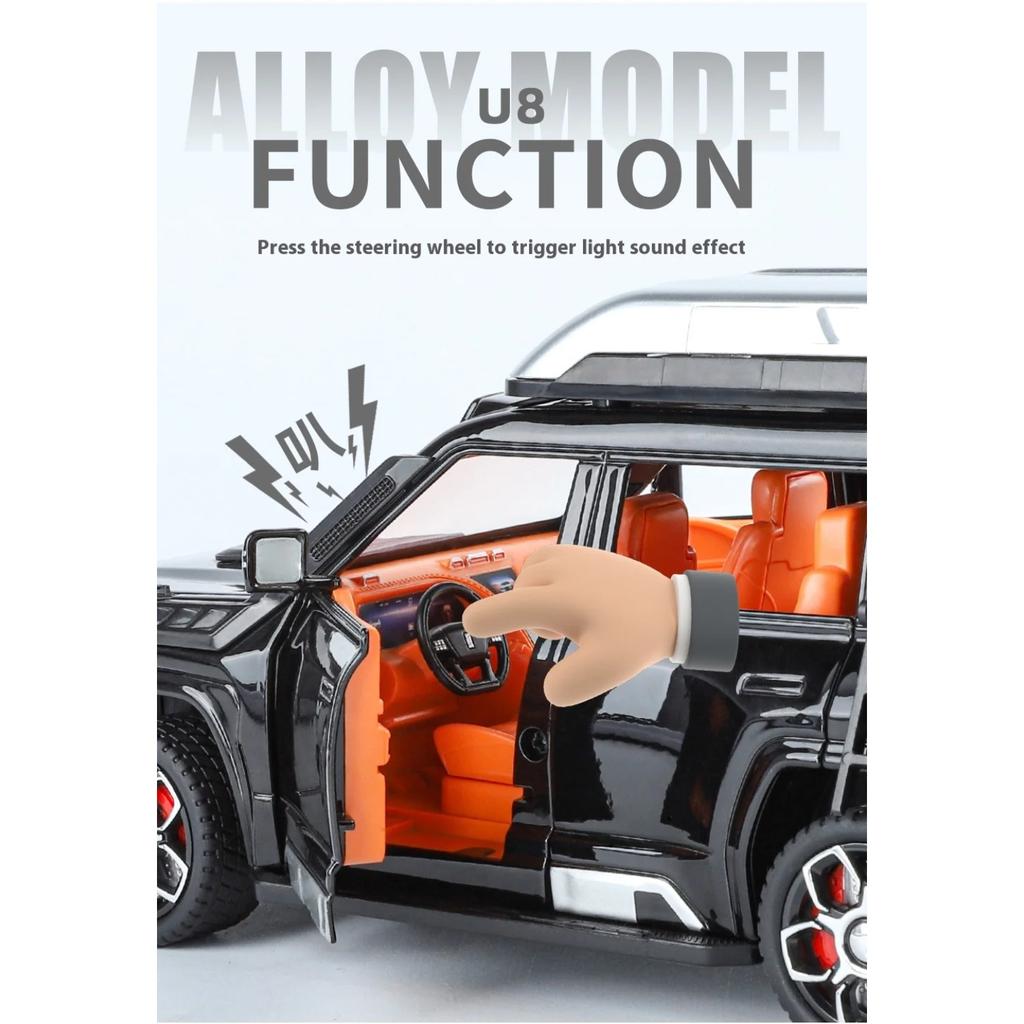 Maßstab 1/24 BYD LOOK UPAT U8 Offroad-Version Legierung SUV Diecast-Modell Sound & Licht Rückziehspielzeug Trendiges Ausstellungsornament Geschenk für Kinder