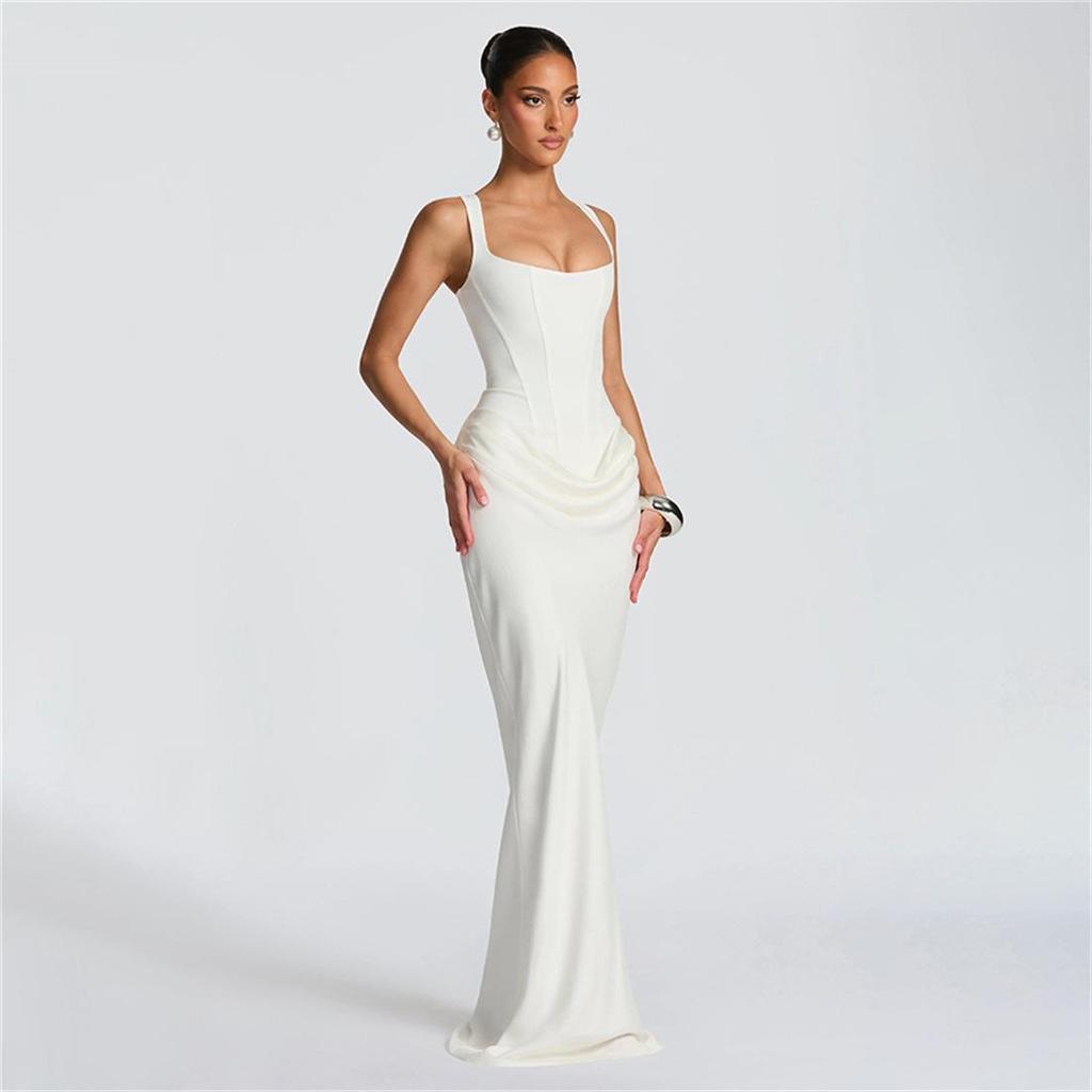 2026 Spring European & American Style Square Neck Pleated Spaghetti Strap Waist-Cinched Hip-Hugging Long Dress