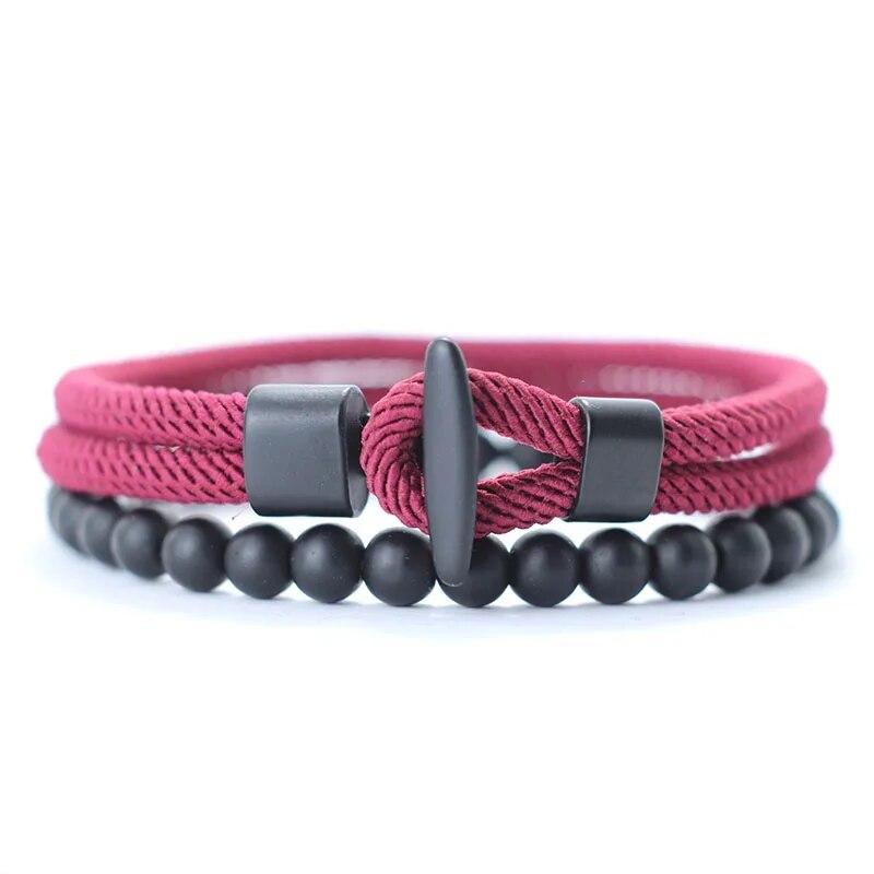 Mode 2 stuks/set Heren Armband Natuurlijke 6mm Onyx Steen Kralen Armband Homme 4mm Touw Nautische Armband Vrijetijdsaccessoires Pulseria