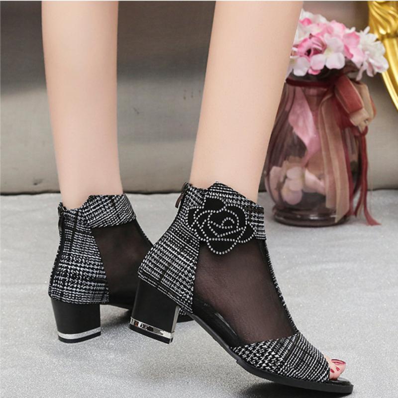 Fashion 2024 Summer Women's Sandals Fish Mouth Shoes Mid-heel Large Size Women's Shoes Breathable Women's Shoes Lace Mesh High Heels
