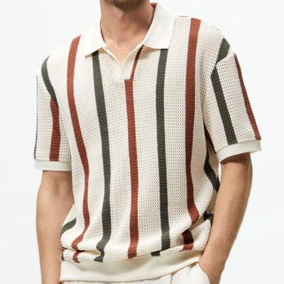Summer Hollow Knitted Shirt Men and Women Stripe Contrast Polo Short Sleeve Couple Loose Casual T-shirt Top Harajuku Y2k