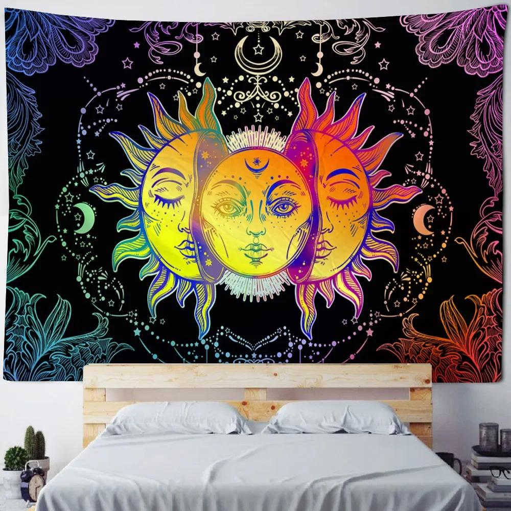 Sun God Art Tapestry Hippie Sun Moon Wall Tapestry Home Aesthetics Decoration Wall Cloth Beach Towel Tablecloth Bed Sheet