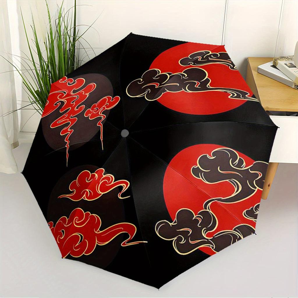 Folding Umbrella Abstract Cloud Design, Bold Red Circle Motif. Creative Portable Folding Umbrella, Suitable Holiday Gifts