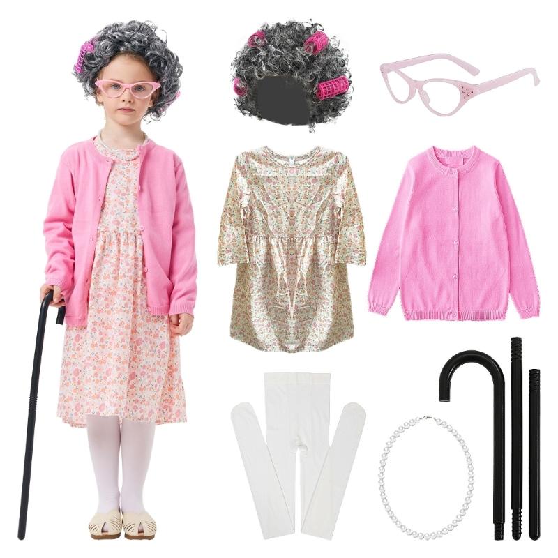100 Days Of School Granny Costume Set For Kids Pink Floral Print A Line Dress With Long Sleeves For Halloween And Dance Parties