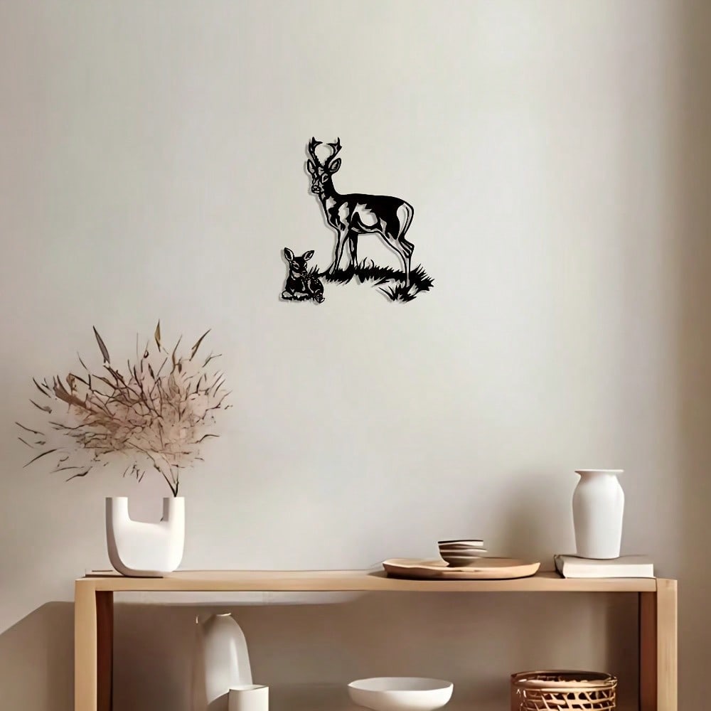 Elegant Minimalist Iron Deer & Fawn Wall Art, Abstract Nature Decor for Home Office Patio, Gift