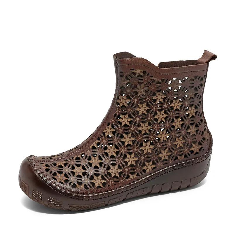 Fashion 3cm Cow Genuine Leather Summer Round Toe Slippers Hollow Platform Wedge Fashion Shoes Ankle Booties Women Sandal Flats