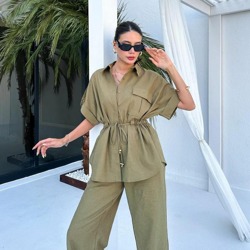 

Women s Casual Khaki Short Sleeve Shirt with Wide Leg Pants Set, Elastic Waist Two-Piece Outfit XL армія зелений колір