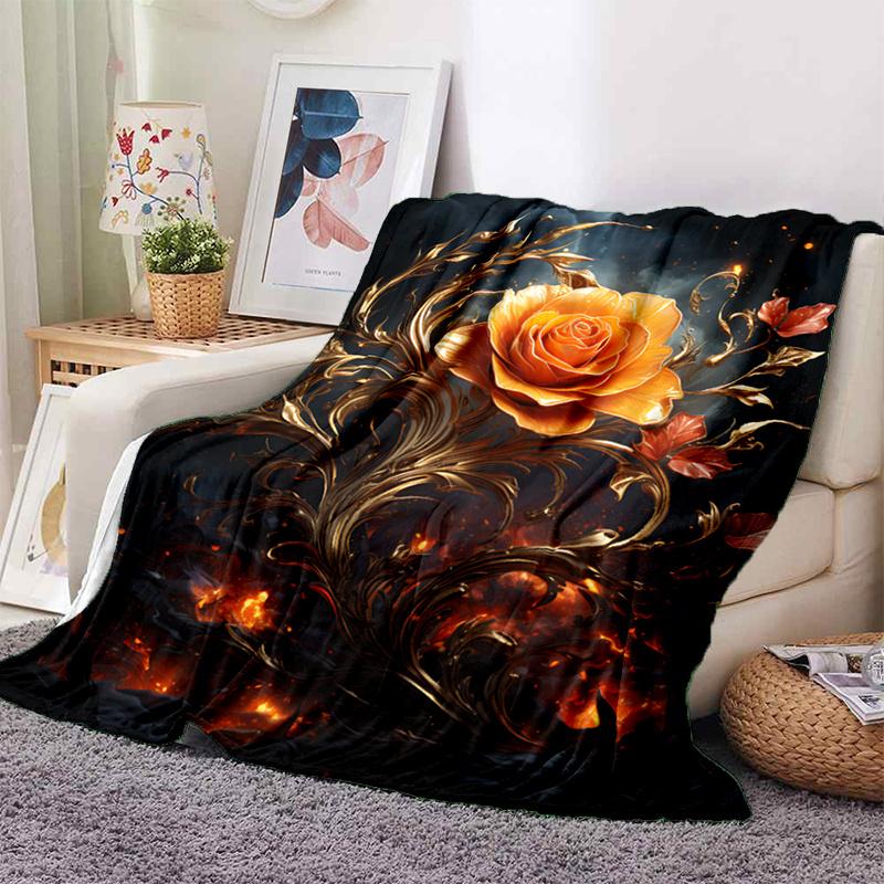 Golden Rose Flannel Blanket Elegant Leaf Print Throw for Sofa/Bed,Soft Fleece Gift for Women,Home Decor & Cozy Travel Essential