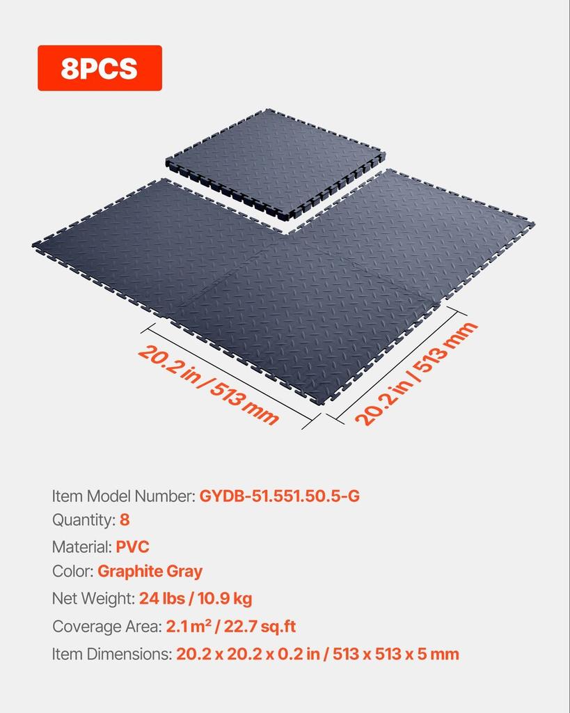Garage Floor Tiles Interlocking, 8 Pack 513 x 513 x 5 mm Interlocking Modular Garage Flooring Tiles, Diamond Plate Slip-Resistant PVC Mats for