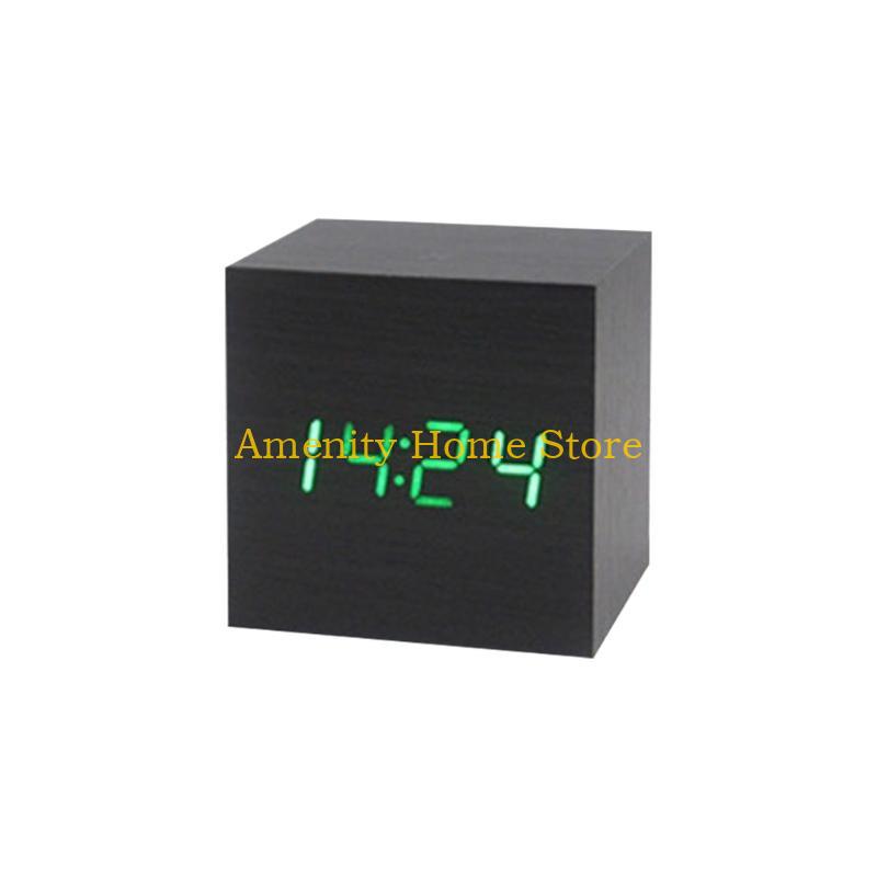 F26C Wood Cube Voice Control  Led Alarm Clock Decorative Clock Ornaments Art Crafts Supplies for Home Bedroom Dormitory