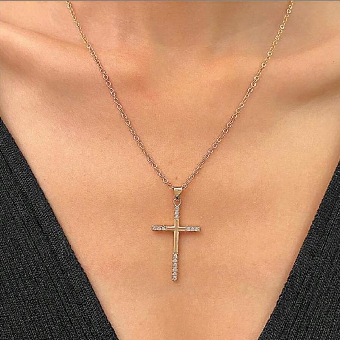 New 18K Gold Stainless Steel Cross Inlaid with Zircon Necklace, Personalized, Fashionable and High-end Pendant