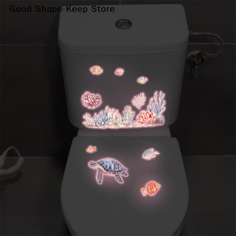 Glow-in-the-Dark Fish Toilet Self-Adhesive Sticker Ocean Bathroom Decor Removable Wall Art for Home Living Room