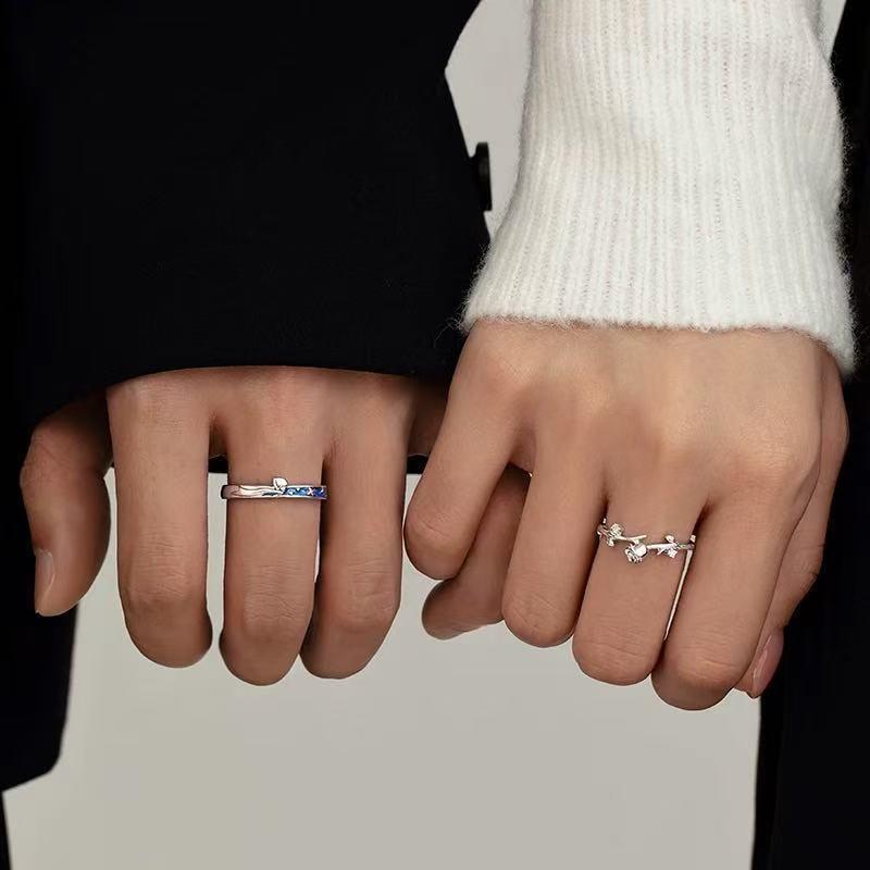 925 Sterling Silver Little Prince & Rose Couple Rings - High-End Open Band for Men & Women