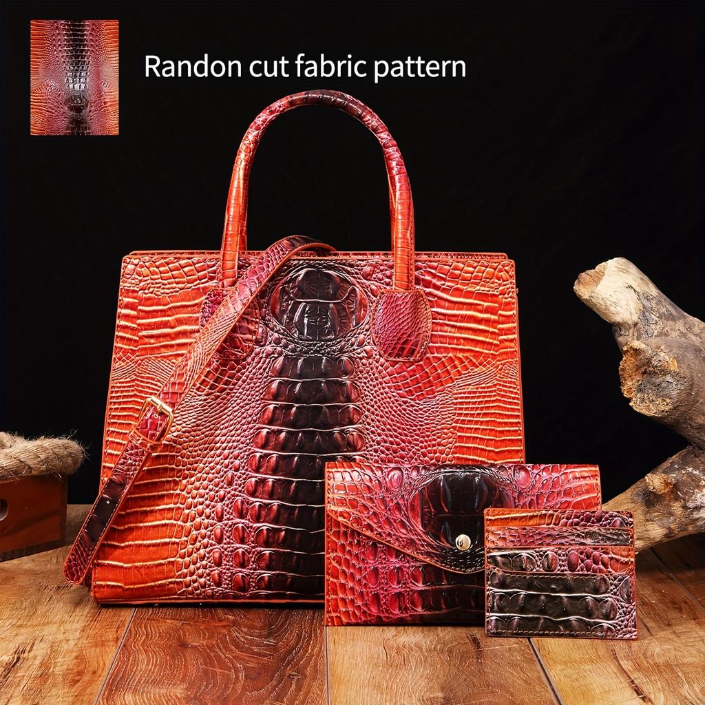 3 Pcs Crocodile Pattern Handbag & Purses Set, Multi-functional Vintage Top Handle Crossbody Bag & Business Clutch Bag & Card Coin Purse