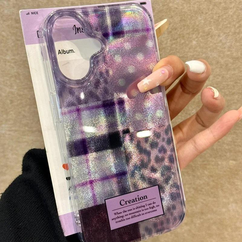Purple Splicing Grid Leopard Print Clear Phone Case For iPhone 16 15 Pro Max 14 13 12 11 Pro XS XR X 7 8 16 Plus Silicone Cover iPhone 16