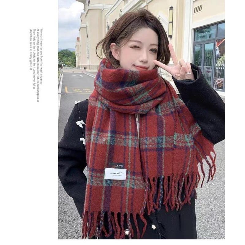 

New Red Plaid Scarf Winter Thickened Warm Retro Imitation Cashmere All Match Women s High End Shawl Scarf Student 65*200cm