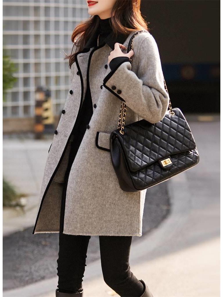 Women's Retro Double-Breasted Color Block Wool Coat - Mid-Length, Small Lapel, Spring/Autumn Fashion