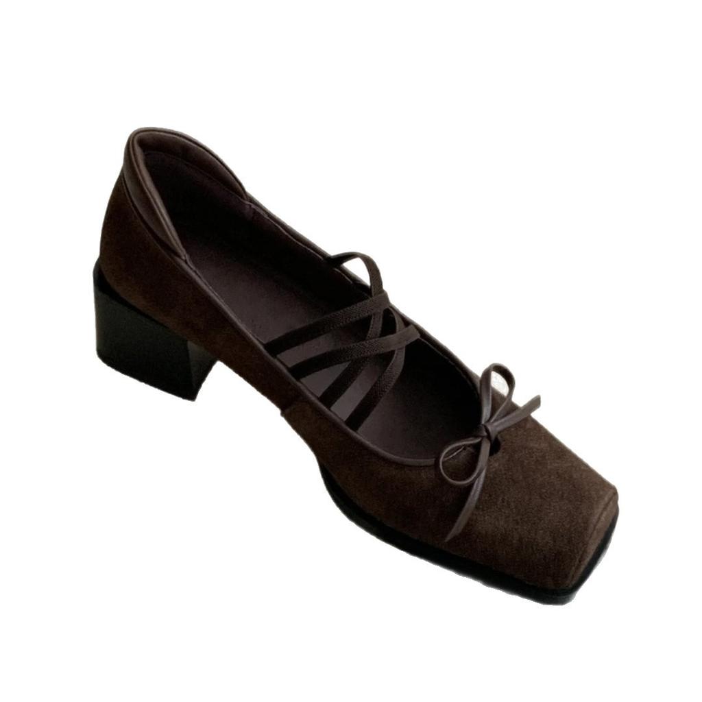 Bow Ballet Single Shoes Autumn and Winter 2025 New Brown Retro Square Head Thick Heel Mary Jane Shoes Women's Shallow Mouth