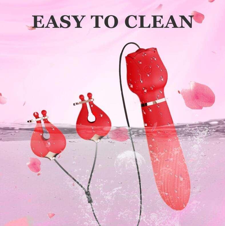 Manufacturer Chest Clips Rose Vibrator for Women 2 in 1 Clitoris Stimulator Massage Stick Dildo Nipples Clamps